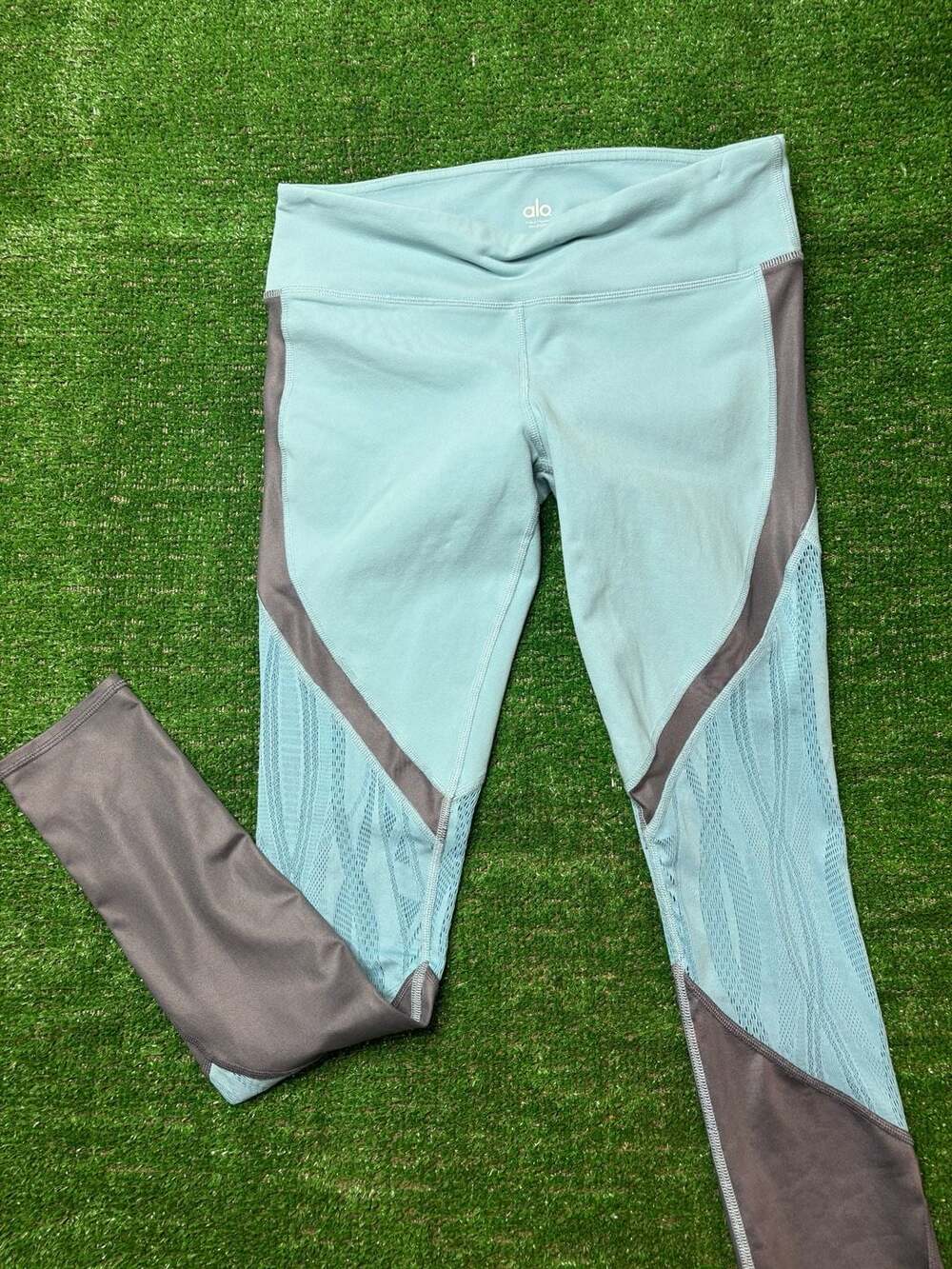 Alo Yoga Blue Vitality Lace Gray Panel Yoga Leggings
